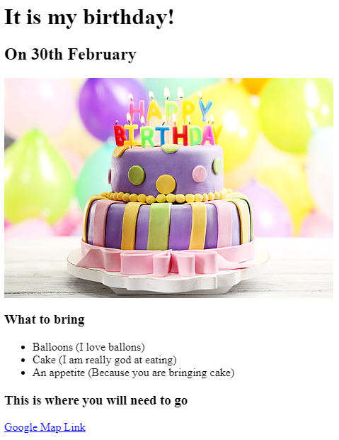 screen shot of basic birthday invite made in html